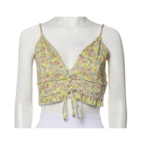 Love Shack Fancy Womens Tanktop‎ Small Floral CroppedTie Plunge Ruffle Romantic - Picture 1 of 8
